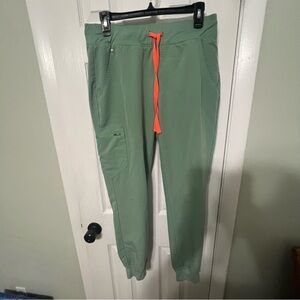 Figs Green Jogger Pants with Neon Orange Drawstring